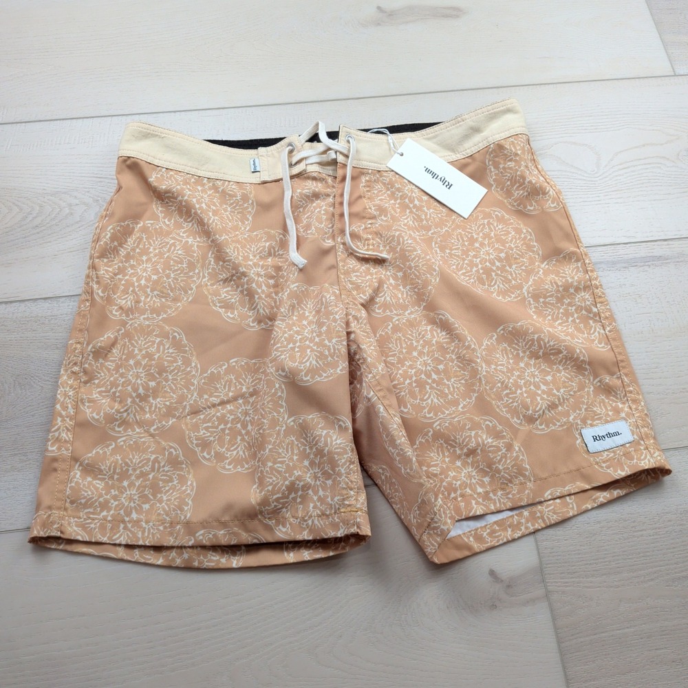 NEW Rhythm Shippo Trunk Mens 34 Board Shorts Peach Medallion Print Swim Trunks